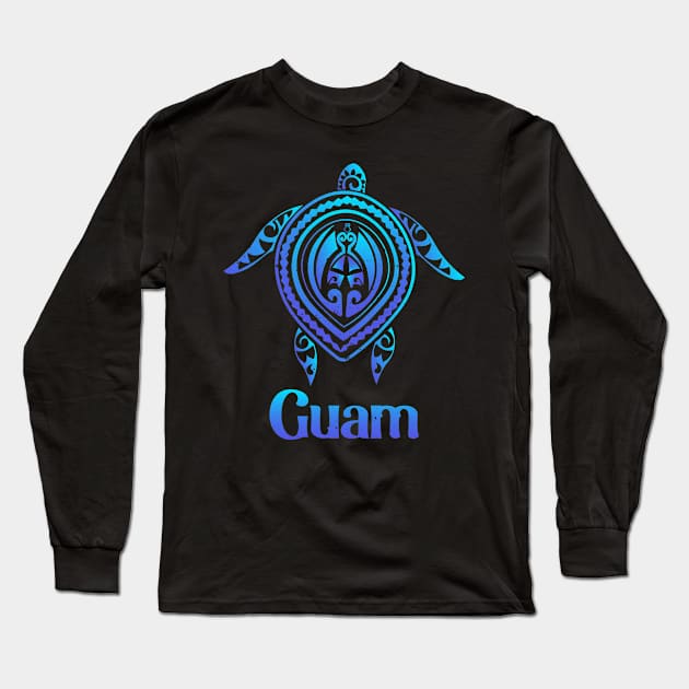 Guam Island Sea Turtle Blue Sea Tribal Pattern Hafa Adai Long Sleeve T-Shirt by kalponik